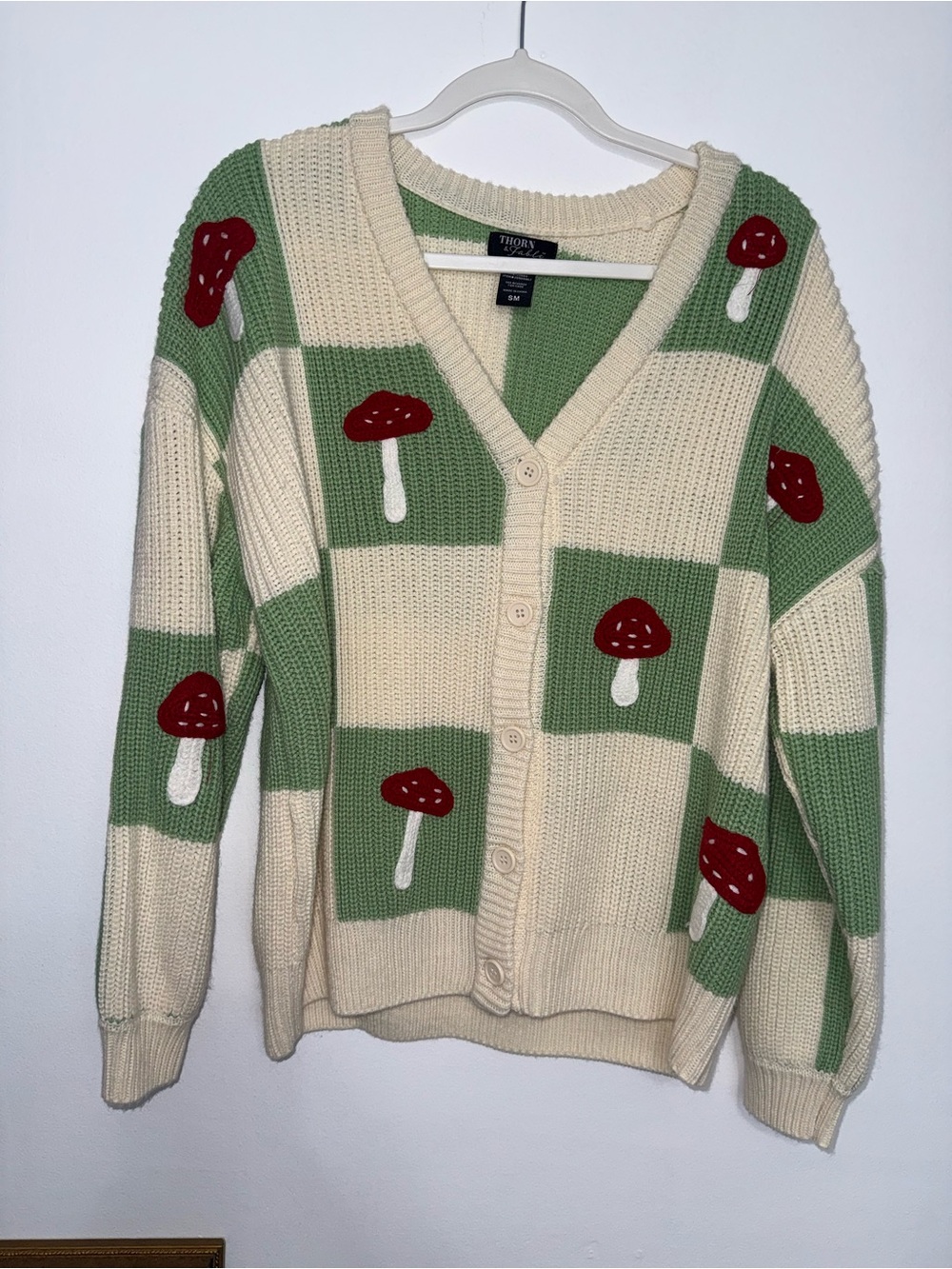 Checkered Cream & Green Cardigan with Red Mushroom Details